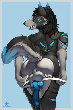 5_fingers animal_genitalia animal_penis anthro anus backsack balls black_body black_fur black_hair blue_anus blue_background blue_eyes blue_penis butt canine_genitalia canine_penis clothed clothing clothing_pull dipstick_tail erection fingers fur genitals grey_body grey_fur hair knot looking_at_viewer looking_back male markings multicolored_body multicolored_fur multicolored_tail nude penis penis_tuck presenting presenting_hindquarters rear_view simple_background smile solo tail tail_markings teasing two_tone_body two_tone_fur underwear underwear_only underwear_pull truegrave9 dust_(dustwolf13) canid canine canis mammal wolf 2020 absurd_res hi_res