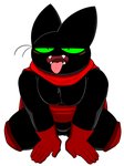 anthro black_body black_fur cape clothing featureless_crotch fur green_eyes kneeling male open_mouth oral_invitation pecs red_clothing solo suggestive suggestive_pose tongue tongue_out nemhippie cartoon_network mao_mao:_heroes_of_pure_heart sheriff_mao_mao_mao domestic_cat felid feline felis mammal 3:4 hi_res