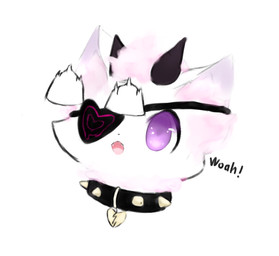 ambiguous_gender collar eye_patch eyewear fangs fluffy fur horn jewelry open_mouth pendant purple_eyes purple_sclera simple_background solo studded_collar studs teeth text tuft white_background white_body white_fur snoiifoxxo mammal hi_res