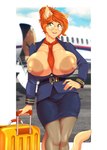 5_fingers aircraft airplane anthro areola big_areola big_breasts big_nipples breasts clothed clothing eyewear female fingers flight_attendant glasses green_eyes hair hand_on_hip huge_areola huge_breasts huge_nipples inner_ear_fluff looking_at_viewer montgomery_glands necktie nipple_dip nipples open_mouth open_smile orange_hair round_glasses smile solo suitcase tail tuft uniform vehicle wearing_glasses galacticmichi katrina_fowler domestic_cat felid feline felis mammal 2024 digital_media_(artwork)