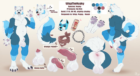 animal_genitalia animal_mask anthro anus balls belly big_anus big_balls big_knot big_penis blue_body blue_ear_tip blue_eyes blue_fur bodily_fluids bone_collar_tag brown_kerchief chain_collar claws collar collar_tag color_swatch curled_tail ear_tuft erection front_view fully_sheathed fur genital_fluids genitals gesture hair half-erect hand_outstretched heavy_balls holding_leg holding_shoulder kerchief knot male mask multicolored_body multicolored_ears multicolored_fur multicolored_tail multiple_angles navel neck_tuft pawpads penis penis_tip pink_pawpads pointy_ears precum presenting presenting_anus prick_ears pup_mask raised_leg raised_tail rear_view sheath simple_background slightly_chubby slightly_chubby_male smile solo sparkles tail teeth teeth_showing text tongue tongue_out tuft vein veiny_penis waving white_belly white_body white_fur white_hair white_paws utya monster_energy wisp_(wispthehusky) canid canine canis domestic_dog husky mammal nordic_sled_dog spitz absurd_res english_text hi_res model_sheet