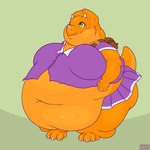 anthro belly big_belly big_breasts bottomwear breasts chubby_cheeks clothed clothing female huge_belly huge_thighs morbidly_obese morbidly_obese_anthro morbidly_obese_female obese obese_anthro obese_female orange_body overweight overweight_anthro overweight_female purple_clothing school_bag skimpy skirt smile solo thick_thighs yellow_eyes young young_anthro young_female maverick ceratopsian dinosaur ornithischian prehistoric_species reptile scalie triceratops 1:1 hi_res