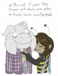 ambiguous_gender anthro bee_costume blush brown_hair clothing duo fur hair horn male simple_background text white_background white_body white_fur bebetterbop undertale undertale_(series) asriel_dreemurr frisk_(undertale) boss_monster_(undertale) bovid caprine goat human mammal 2016 english_text