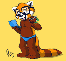 anthro brown_body brown_fur clothed clothing eyewear fur glasses glistening glistening_eyes happy holding_console holding_object holding_pen logo male male_anthro markings navel open_mouth open_smile orange_body orange_fur pen rectangular_glasses simple_background smile solo standing striped_markings striped_tail stripes tail tail_markings topless yellow_background young young_anthro young_male pandapaco nintendo nintendo_3ds nintendo_ds_family pablo_(pandapaco) ailurid mammal red_panda artist_logo full-length_portrait hi_res portrait signature
