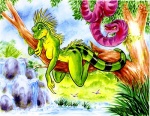 anthro branch breasts cloud detailed_background duo female feral forest green_body green_scales hi_res iguanid in_tree joe_rosales jungle lizard looking_at_viewer nature non-mammal_breasts nude on_branch outside pink_body pinup plant pose reptile scales scalie sky smile snake tail tree water wood