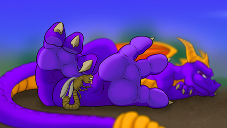 3_toes ambiguous_gender anthro barefoot claws countershading duo extreme_size_difference feet feral fingers foot_fetish foot_focus foot_lick foot_play hindpaw horn insect_wings larger_male licking looking_at_viewer looking_back lying male male/male membrane_(anatomy) membranous_wings micro multicolored_body multicolored_scales on_front on_side outside paws plantigrade purple_body purple_eyes purple_scales purple_tail scales size_difference smile soles solo tail toe_claws toes tongue tongue_out two_tone_body two_tone_scales white_claws wings yellow_body yellow_horn yellow_scales diablo_the_rex activision european_mythology mythology spyro_the_dragon spyro arthropod dragon fly_(animal) hymenopteran insect mythological_creature mythological_scalie scalie western_dragon digital_media_(artwork) hi_res widescreen