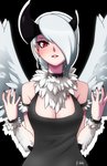 black_nails breasts clothing colored_nails ear_piercing female front_view grey_hair hair hair_over_eye lips monotone_clothing nails neck_tuft one_eye_obstructed open_mouth piercing solo teeth tuft white_body wings oppaihobby humanoid 2016 absurd_res alpha_channel hi_res