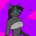 bandeau black_hair blep blue_tongue breasts clothed clothing eyewear female glasses grey_body hair lefuzzy556 medium_breasts one_eye_closed purple_eyes solo tongue tongue_out topwear wink canid canine canis fox mammal wolf 1:1