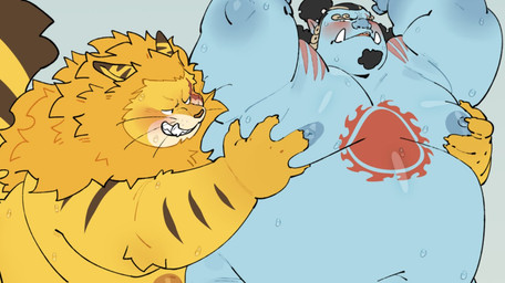 anthro balls belly big_belly black_hair blue_body blue_nipples blue_skin blush bodily_fluids duo fur genitals grin hair humanoid_hands male male/male mane mane_hair moob_grab moobs nipples nude obese obese_anthro obese_male orange_body orange_fur orange_mane orange_nipples overweight overweight_anthro overweight_male simple_background smile snout thick_thighs tusks whiskers yellow_body yellow_fur yellow_skin quanjiang one_piece jinbe nekomamushi felid feline felis fish-men_(one_piece) humanoid lion mammal marine pantherine 2026 colored digital_drawing_(artwork) digital_media_(artwork) flat_colors full_version_at_paywall preview shaded widescreen