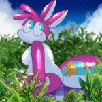 anthro belly blue_eyes blue_sky detailed_background eyelashes female flower glistening glistening_body glistening_skin pink_body plant pool_toy sky solo white_belly white_clouds sqrkyclean animate_inanimate