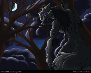 anthro bared_teeth black_hair blue_flesh blue_mouth cloud cloudy_sky dead_tree forest forest_background fur fur_markings grey_body grey_fur growling hair hair_over_eye holidays laceration long_hair male markings muscular muscular_male nature nature_background night nude nude_male plant purple_eyes purple_flesh scratches sky solo teeth teeth_showing tree setriaphtfj halloween kailun_setra absurd_res hi_res