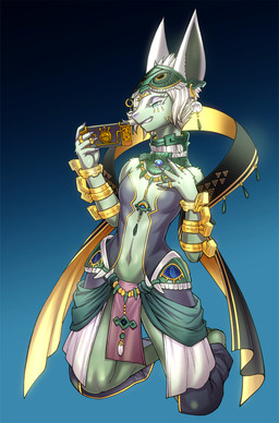 anthro blue_background breasts clothed clothed_anthro clothed_female clothing covered_breasts digit_ring eyeshadow female fur gradient_background green_body green_fur hair half-closed_eyes headgear headwear holding_object jewelry kneeling makeup multi_eye narrowed_eyes purple_eyeshadow simple_background smile smirk solo white_hair cvatoshi nintendo tears_of_the_kingdom the_legend_of_zelda mineru mammal zonai 2023 full-length_portrait hi_res portrait