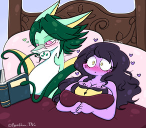 anthro bed blush book container cup drinking duo female furniture green_body green_hair hair heart_symbol lying lying_on_bed male on_bed pink_eyes purple_body purple_hair shocked yellow_eyes lewdchuu nintendo pokemon lavender_(lewdchuu) sweetie_(rockpup241) arbok generation_1_pokemon generation_5_pokemon pokemon_(species) serperior hi_res