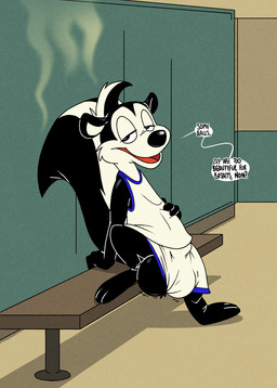 anthro balls balls_through_leghole basketball_uniform big_balls clothing genitals huge_balls ineffective_clothing male smelly solo speech_bubble sportswear stink_fumes text toony uniform argon_vile looney_tunes space_jam warner_brothers pepe_le_pew mammal mephitid skunk english_text hi_res