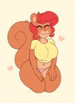 anthro bouncing_breasts breasts clothing eyes_closed female hair heart_symbol navel panties pink_nose red_hair shirt simple_background smile solo topwear underwear acstlu lizette mammal rodent sciurid tree_squirrel 2018 2d_animation animated digital_media_(artwork) frame_by_frame short_playtime