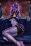 3_fingers armor barefoot bottomwear breasts clothing feet female fingers furniture glowing glowing_eyes headgear helmet hood jewelry looking_at_viewer not_furry purple_body purple_skin shorts sitting sling_bra sofa solo space starfield tattoo under_boob prywinko bioware electronic_arts mass_effect tali'zorah alien alien_humanoid humanoid quarian 2:3 hi_res signature