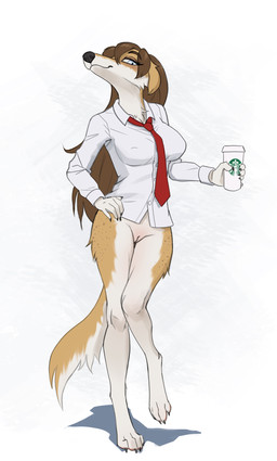 accessory anthro bangs bedroom_eyes blue_eyes bottomless brown_hair chest_tuft clothed clothing container cup digitigrade eyelashes female freckled_face freckled_legs freckles fur fur_markings genitals hair hand_on_hip holding_container holding_cup holding_object long_eyelashes long_snout markings mole_(marking) multicolored_body multicolored_fur narrowed_eyes necktie nude partially_clothed paws seductive shirt simple_background snout solo speckle_freckles standing topwear tuft vulva white_body white_fur yellow_body yellow_fur lf starbucks anastasia_(doctorcure) borzoi canid canine canis domestic_dog hunting_dog mammal sighthound hi_res