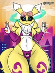 anthro armwear black_sclera blue_eyes bulge clothing detailed_bulge elbow_gloves femboy fur gesture gloves hand_gesture handwear male solo thick_thighs v_sign wide_hips yellow_body yellow_fur lot_par bandai_namco digimon canid digimon_(species) mammal renamon 3:4 hi_res