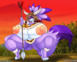 anthro areola big_breasts breasts erect_nipples female hair horn huge_breasts hyper hyper_breasts melee_weapon muscular muscular_anthro muscular_female nipples polearm purple_hair solo spear tribal weapon yellow_eyes cornchip21 cricket-inc sega sonic_the_hedgehog_(series) blaze_the_cat domestic_cat felid feline felis mammal hi_res