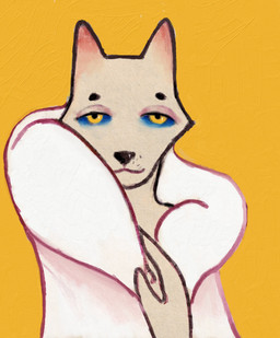abstract_art anthro clothed clothing ears_up fur jacket looking_at_viewer male pink_clothing pink_jacket pink_topwear smile smiling_at_viewer solo topwear white_body white_fur yellow_eyes reynard_goodfellow canid canine fox mammal hi_res