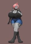 anthro big_breasts breasts clothing collar female hair huge_breasts long_ears pink_hair solo spots wide_hips medicinal_succ lagomorph mammal absurd_res hi_res