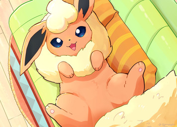 ambiguous_gender blue_eyes feral fur high-angle_view inside looking_at_viewer lying on_back open_mouth open_smile orange_body orange_fur pawpads pillow pink_pawpads quadruped smile solo tail yellow_tail komanyachi nintendo pokemon eeveelution flareon generation_1_pokemon pokemon_(species) absurd_res colored digital_drawing_(artwork) digital_media_(artwork) hi_res shaded