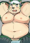 anthro assisted_exposure belly biceps blush disembodied_hand duo eyebrows fupa fur green_body green_eyes green_fur hands_behind_head kerchief male musclegut muscular navel nipples pecs thick_eyebrows shimo_kawa lifewonders live_a_hero mokdai canid canine canis domestic_dog mammal 2023 colored hi_res sketch