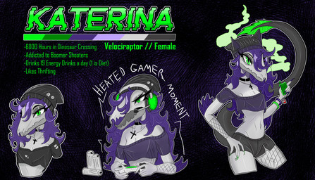 abstract_background alternative_fashion angry anthro armwear beanie beverage_can bottomwear breasts choker claws clothed clothed_anthro clothed_female clothing controller crop_top cross disinterested e-cigarette feathered_tail feathers female finger_claws fingers fishnet_armwear fishnet_clothing fishnet_legwear game_controller green_body green_eyes green_feathers green_smoke grey_body hair hat headgear headwear holding_object hotpants humanoid_hands jewelry legwear long_hair multiple_poses narrowed_eyes necklace non-mammal_breasts pose purple_hair shirt shorts small_breasts smoke solo tail text topwear gothgator0 monster_energy katernia_(gothgator0) dinosaur dromaeosaurid prehistoric_species reptile saurischian scalie theropod velociraptor absurd_res character_name colored english_text hi_res model_sheet shaded