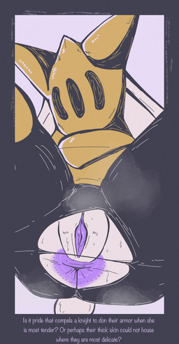 anthro anus armor clothing death_knight_(atlyss) female genitals musk presenting presenting_anus presenting_vulva simple_background solo spread_anus spreading text torn_clothing vulva sh1vss atlyss carbuncle_(atlyss) mammal english_text hi_res