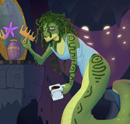 apode bedroom beverage bodily_fluids bottomless breasts cave clothed clothing coffee coffee_cup coffee_mug comb container cup curtains detailed_background drooling eye_bags female green_body green_scales humor hunched_over legless living_hair mirror morning open_mouth plant_pot pseudo_hair red_eyes saliva saliva_string scales serpentine shirt shirt_only snake_hair solo spilled_beverage spilled_drink spilled_liquid spilling stalactite tired topwear topwear_only waking_up yawn juxtapex european_mythology greek_mythology mythology draconcopode gorgon humanoid reptile scalie snake hi_res