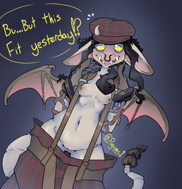 anthro bat_wings big_ears black_hair breasts clothed clothing embarrassed facial_piercing female genitals hair hat headgear headwear low-riding membrane_(anatomy) membranous_wings no_bra no_underwear nose_piercing nose_ring oversized_clothing piercing ring_piercing septum_piercing septum_ring small_breasts solo suspenders tail vulva wardrobe_malfunction wings yellow_eyes pugums deadlock_(game) mythology valve valve_corporation ivy_(deadlock) gargoyle mythological_creature hi_res watermark