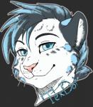 anthro eyebrows fur hair looking_at_viewer male simple_background smile solo text whiskers monstercheetah victory_(texdot) felid mammal pantherine snow_leopard character_badge_(artwork) digital_media_(artwork) english_text headshot_portrait hi_res portrait signature