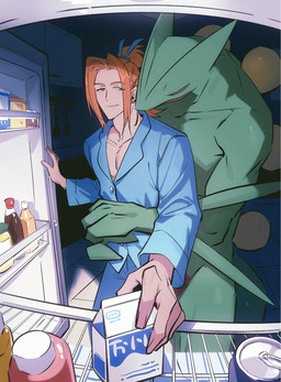 accessory anthro appliance beverage_can clothed clothing condiment duo ear_piercing ear_stud eyes_closed fisheye_lens fridge fully_clothed hair hair_accessory hair_tie hands_around_waist hands_on_waist happy holding_waist hug hugging_another hugging_from_behind inside kitchen kitchen_appliance light male male/male milk narrowed_eyes pajamas piercing romantic romantic_couple sleepwear smile tied_hair laiweitui nintendo pokemon a_mu_(laiweitui) fang_yuan_(laiweitui) generation_3_pokemon human mammal pokemon_(species) reptile scalie sceptile hi_res lighting