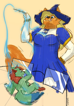 anthro attribute_theft blue_clothing clothing dress duo embarrassed fangs female fur green_body hat headgear headwear imminent_vore licking licking_lips looking_pleasured macro magic magic_user male male/female micro orange_body orange_fur size_difference size_theft size_transformation smile spell teeth tongue tongue_out transformation witch witch_hat rook_burkhart_(artist) canid canine canis dire_wolf fox mammal prehistoric_species wolf digital_media_(artwork) hi_res