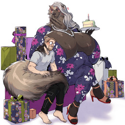 anthro beard big_breasts birthday_cake birthday_gift breasts cake cellulite cleavage clothed clothing crossed_legs dessert duo ear_piercing ear_ring elderly elderly_anthro elderly_female eye_scar eyeshadow eyewear facial_hair facial_scar female fluffy fluffy_tail food footwear fully_clothed gift glasses hair hair_bun high_heels huge_breasts human_on_anthro hyper hyper_breasts interspecies larger_anthro larger_female makeup male male/female mature_female opaque_glasses piercing purple_eyeshadow ring_piercing scar shirt shoes size_difference smaller_human smaller_male t-shirt tail tail_around_partner topwear white_hair weatherbane zelinda_(homura) zelinda_(rexpecs) human hyena mammal 1:1 absurd_res hi_res