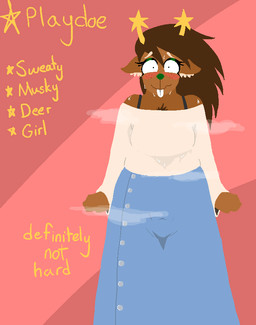 anthro antlers aroused blush bodily_fluids bottomwear bra_strap brown_body brown_fur buckteeth bulge chest_tuft clothing denim denim_bottomwear denim_clothing denim_skirt female fur horn musk nervous shirt skirt solo star sweat sweat_stain teeth text topwear tuft white_clothing white_shirt white_topwear playdoe playdoe_(character) deer mammal new_world_deer reindeer english_text trans_(lore) trans_woman_(lore)