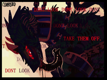 ambiguous_gender bdsm black_body black_border black_fur blood bodily_fluids bondage border bound chain drooling female feral fur hypnosis hypnotic_eyes hypnotizing_viewer long_tongue mind_control red_eyes saliva solo text tongue cloverbird werecreature 4:3 absurd_res english_text hi_res high_contrast