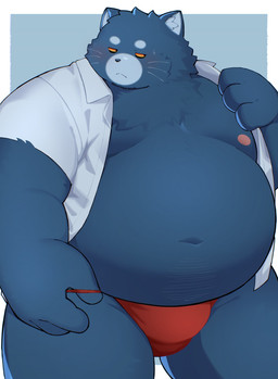 anthro asian_clothing belly big_belly blush clothed clothing east_asian_clothing fundoshi japanese_clothing kemono male moobs navel nipples open_clothing open_shirt open_topwear overweight overweight_male red_clothing red_fundoshi red_underwear shirt simple_background solo topwear underwear trail_arnak domestic_cat felid feline felis mammal 2026 hi_res