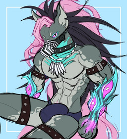 anthro black_hair bulge clothing collar grey_body hair hairless looking_at_viewer male muscular muscular_anthro muscular_male muzzle_(object) pink_hair pink_pubes pubes sitting solo straps straps_only underwear wire_basket_muzzle some_shiba dislyte lilith_games liam_(dislyte) canid canine canis domestic_dog hairless_dog mammal primitive_dog xoloitzcuintli