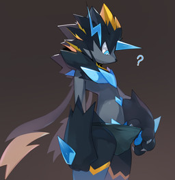 4_fingers anthro biped black_body black_fur black_nose blue_body blue_clothing blue_eyes blue_fur blue_pawpads blue_speedo blue_swimwear bulge cheek_tuft claws clothed clothed_anthro clothed_male clothing clothing_pull detailed_bulge facial_tuft finger_claws fingers fur grey_body grey_fur looking_down male male_anthro mouth_closed multicolored_body multicolored_fur pawpads question_mark simple_background solo speedo speedo_only speedo_pull swimwear swimwear_pull topless topless_anthro topless_male tuft yellow_body yellow_fur smite_(artist) nintendo pokemon pokemon_legends_z-a felid feline generation_9_pokemon legendary_pokemon mammal mega_evolution mega_zeraora pokemon_(species) 2025 digital_drawing_(artwork) digital_media_(artwork) hi_res