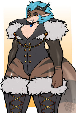 abs anthro black_bodysuit black_clothing black_horn black_skinsuit blue_hair bodysuit boots breasts brown_body button_(fastener) chain cheek_tuft clothing facial_tuft footwear fur_trim_(clothing) glistening glistening_body glistening_breasts gold_(metal) gold_jewelry hair horn jewelry lacing legwear light_body long_ears looking_at_viewer low-angle_view male markings multicolored_body shoes short_hair skinsuit smile solo striped_body stripes tail thick_thighs thigh_boots thigh_highs tight_clothing tuft wide_hips yellow_eyes garedwolf mythology kryton_(oberonrising) dragon mythological_creature mythological_scalie scalie xenogon absurd_res hi_res