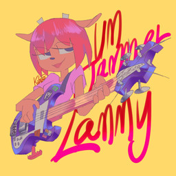 2_horns 4_fingers anthro bass_guitar black_eyes black_nose breasts clothing eye_through_hair eyelashes female fingers fur glistening glistening_hair guitar hair holding_guitar holding_musical_instrument holding_object horn lips lipstick makeup musical_instrument narrowed_eyes orange_body orange_ears orange_fur pink_clothing pink_shirt pink_topwear plucked_string_instrument red_hair red_lips red_lipstick shirt short_hair short_horn simple_background small_horn solo string_instrument text topwear translucent translucent_hair yellow_background kibitoayame parappa_the_rapper sony_corporation sony_interactive_entertainment um_jammer_lammy lammy_lamb bovid caprine mammal sheep 1:1 artist_name hi_res signature