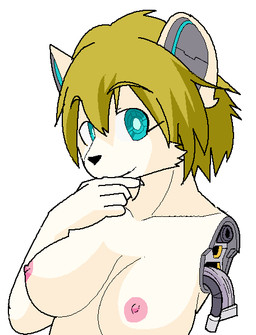 anthro areola big_breasts black_nose blonde_hair breasts closed_smile eyebrow_through_hair eyebrows eyelashes female front_view fur grey_eyes hair kemono looking_at_viewer machine mechanical_ear mechanical_eye mechanical_iris missing_arm mouth_closed nipples nude pupils simple_background smile snout solo translucent translucent_hair white_background white_body white_fur white_pupils kobuchi_(524koki) android mammal robot 2017 aliasing binary_drawing cel_shading digital_drawing_(artwork) digital_media_(artwork) half-length_portrait japanese_description oekaki portrait shaded