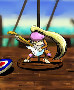 5_toes anthro barefoot biped blonde_hair brown_body brown_fur clothing cloud electric_guitar feet female fur guitar hair hat headgear headwear long_hair musical_instrument playing_guitar playing_music plucked_string_instrument ponytail sea solo string_instrument toes water okitugu1101 donkey_kong_(series) nintendo dixie_kong haplorhine mammal monkey primate