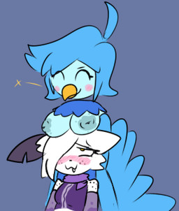 anthro blue_body blue_feathers blue_hair blush blushing_profusely breast_on_head breasts clothed clothed_female clothing duo exposed_breasts eyes_closed feathers female female/female fur hair hair_over_eye looking_up_at_another nude nude_female white_body white_fur yellow_eyes anonymous_artist nintendo pokemon undertale_yellow anonymous_character martlet_(undertale_yellow) avian generation_8_pokemon pokemon_(species) sneasler nonbinary_(lore)