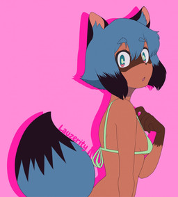 5_fingers anthro bikini bikini_top blue_body blue_fur blue_hair breasts brown_body brown_fur clothing female female_anthro fingers fur hair multicolored_hair open_mouth pink_background side_boob simple_background small_breasts solo string_bikini swimwear tan_body tan_fur two-piece_swimsuit under_boob lauzerity brand_new_animal studio_trigger michiru_kagemori canid canine mammal raccoon_dog tanuki hi_res