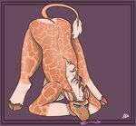 anthro ass_up border breasts ears_back female fur hanging_breasts hooves jack-o'_pose licking_floor looking_down mane markings orange_body orange_fur pivoted_ears pose purple_border simple_background solo spots spotted_body spotted_fur tongue white_mane str8aura-no-not-that-one soraya_(lxk777) giraffe giraffid mammal hi_res