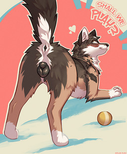 animal_genitalia animal_vulva ass_up ball blush brown_body brown_fur butt butt_focus canine_genitalia canine_vulva dialogue female feral fur genitals heart_symbol looking_at_viewer looking_back mottled mottled_genitalia mottled_vulva presenting presenting_hindquarters quadruped raised_tail requesting sex_request smile smirk solo tail tennis_ball text vulva white_body white_fur adelar_elric juniper_(fishymishy) canid canine canis mammal wolf absurd_res hi_res
