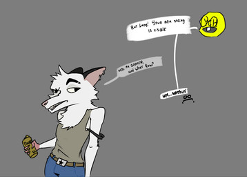 anthro beverage beverage_can dialogue fur grey_background holding_beverage holding_object piercing simple_background standing text white_body white_fur shisimk bra_strap_showing_(meme) mammal murid murine rat rodent english_text hi_res meme