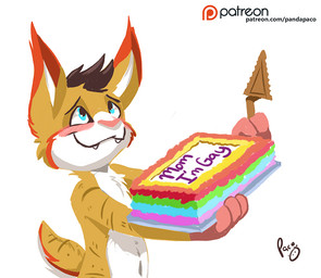 anthro blue_eyes blush brown_hair cake cheek_tuft closed_smile dessert facial_tuft fangs food fur glistening glistening_eyes hair holding_cake holding_food holding_object logo male male_anthro markings mouth_closed navel nude patreon_logo pink_nose red_markings short_hair simple_background smile solo teeth tuft white_background white_body white_fur yellow_body yellow_fur young young_anthro young_male pandapaco patreon felid mammal artist_logo half-length_portrait portrait signature